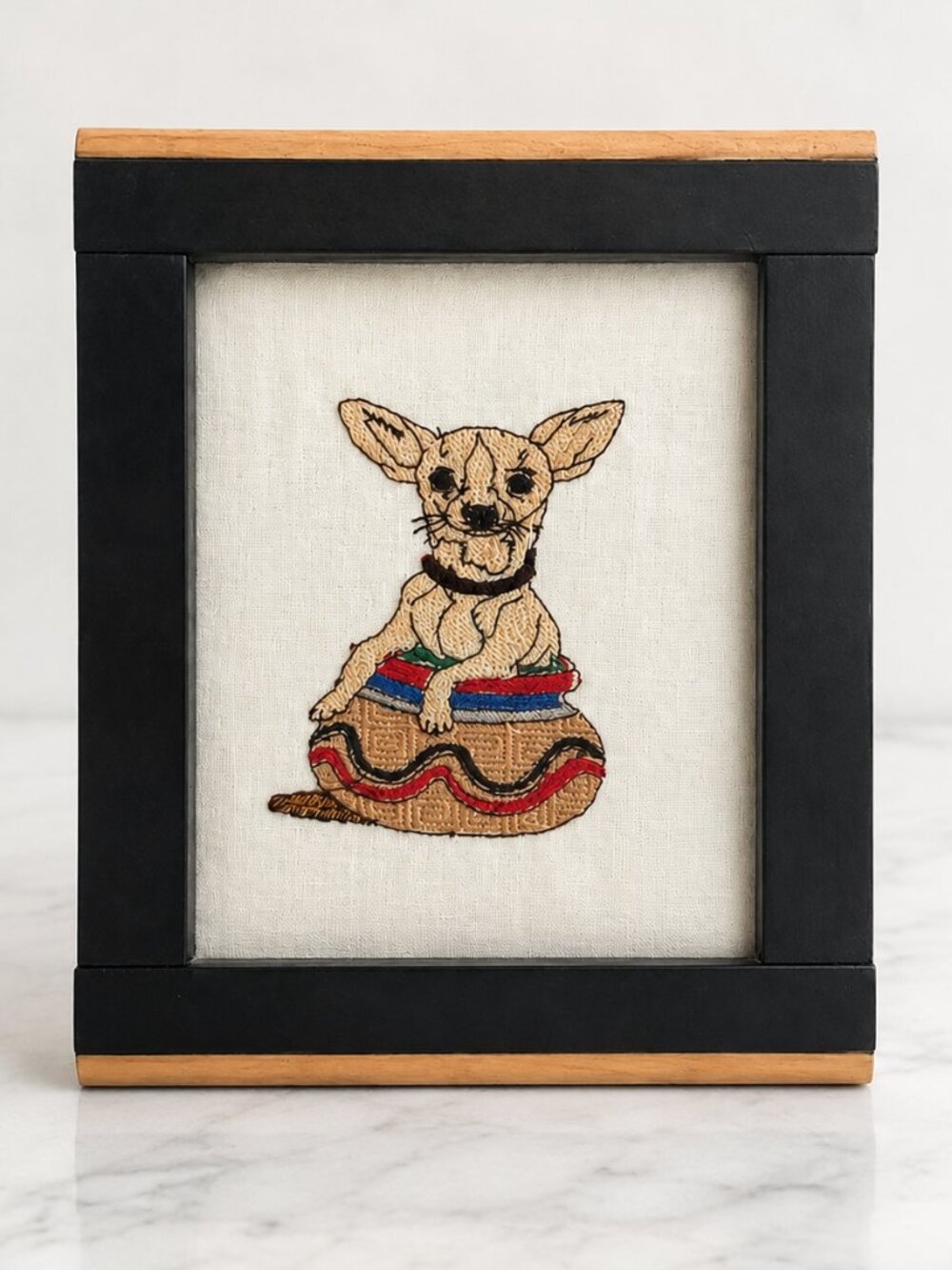 Handmade Embroidered Chihuahua in Clay Pot Framed Folk Art Dog Wall Decor